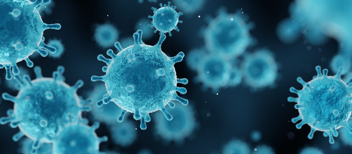 corona virus 2019-ncov flu outbreak, covid-19 3d banner illustration, microscopic view of floating influenza virus cells