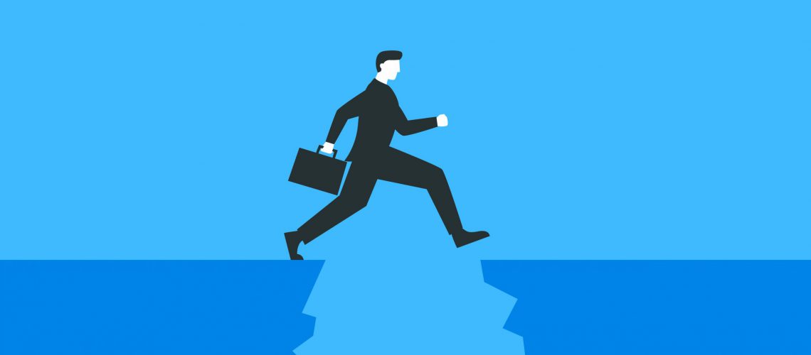 Vector colorful illustration of a businessman with a briefcase jumping over the abyss. Represents concept of overcoming difficulties, achieving the goal, business growing and moving forward